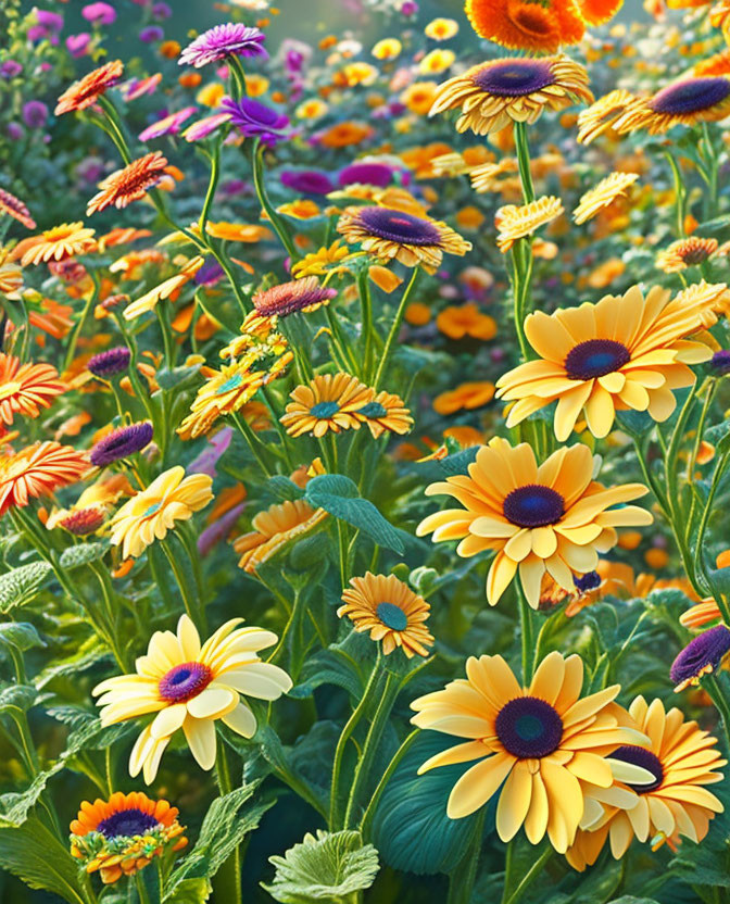 Colorful Flower Garden with Yellow and Orange Daisies Blooming