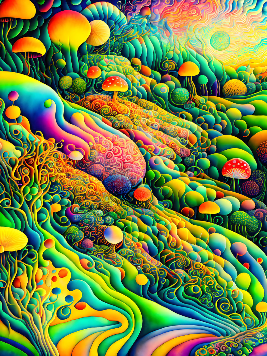 Colorful psychedelic digital artwork: Patterned hills with whimsical mushrooms.