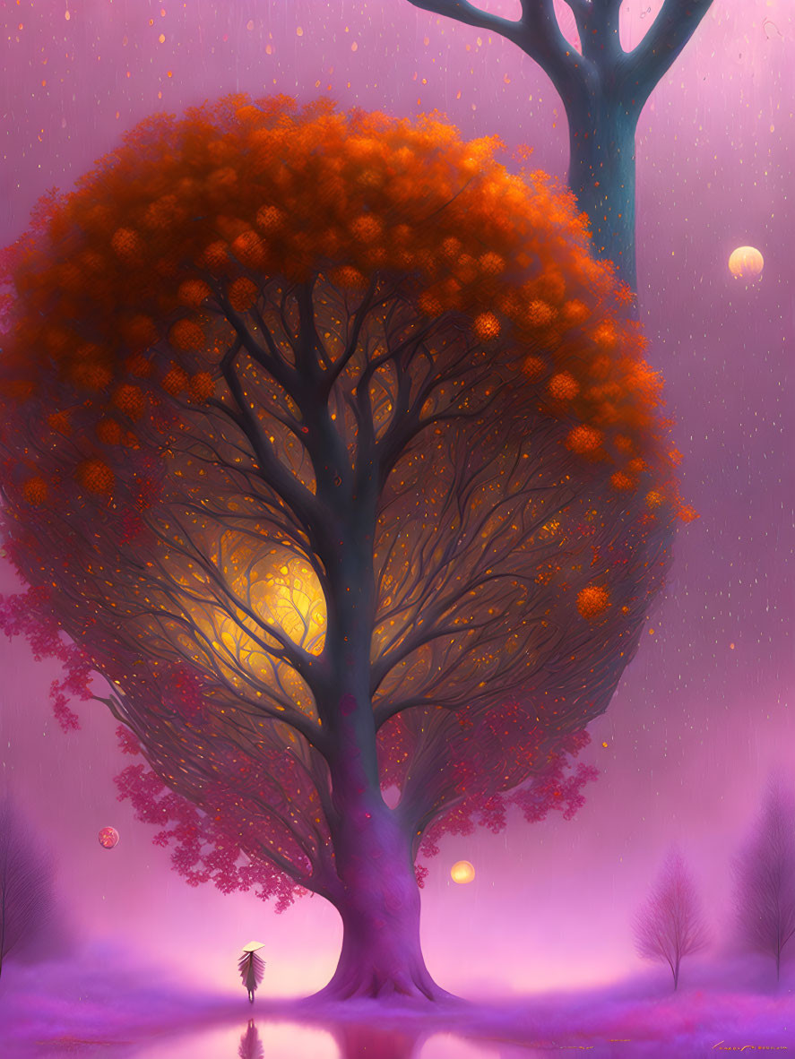 Solitary Figure Standing Under Glowing Orange Tree in Surreal Purple Sky