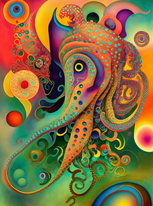 Colorful Psychedelic Octopus Illustration with Abstract Background