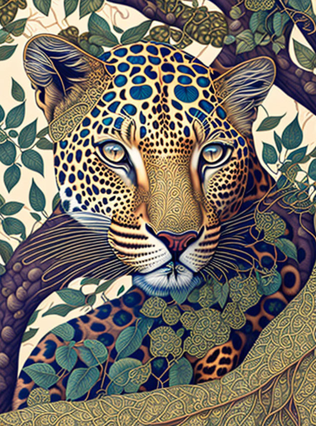Colorful Leopard Illustration Among Stylized Leaves and Branches