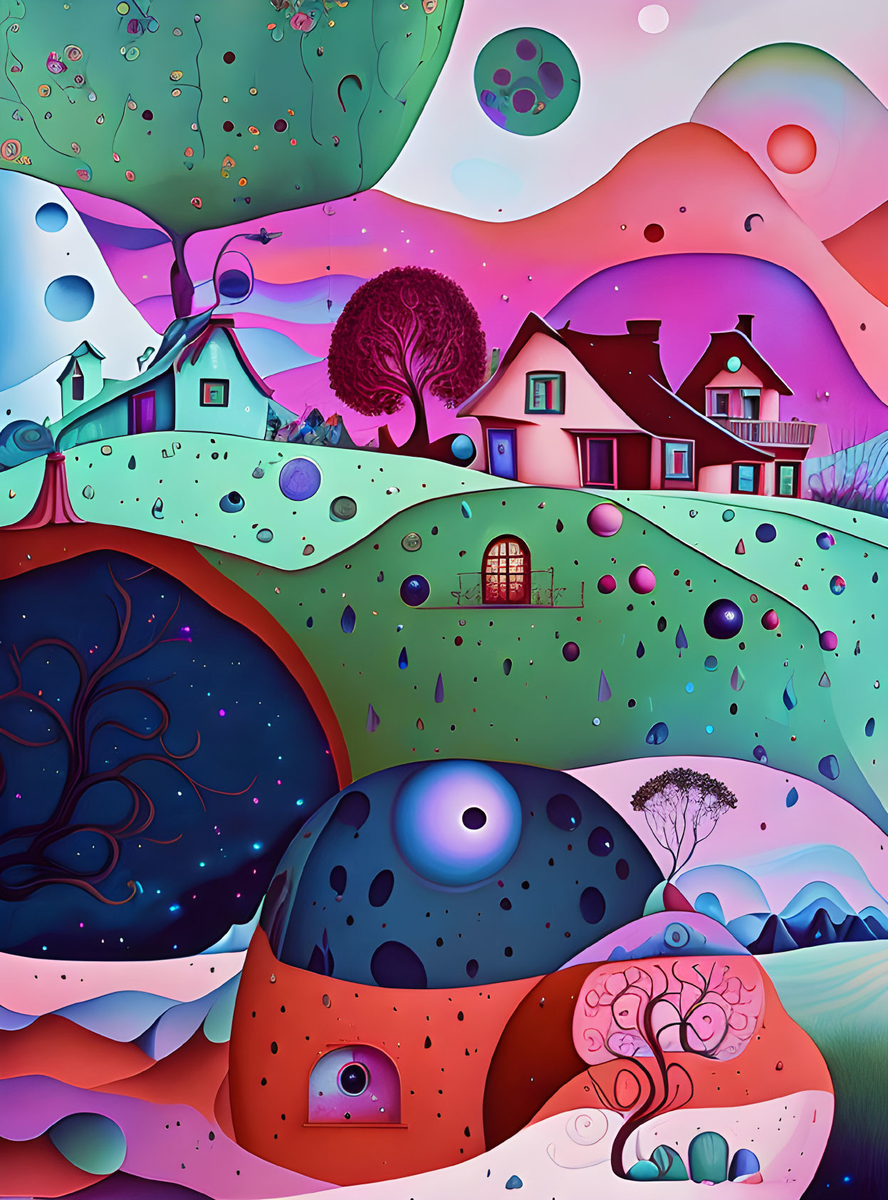 Colorful landscape with whimsical elements and surreal skies