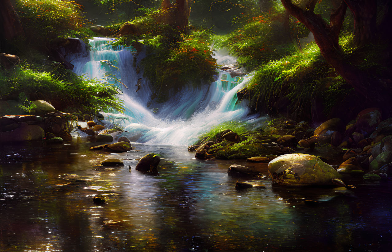 Tranquil waterfall in lush woodland oasis