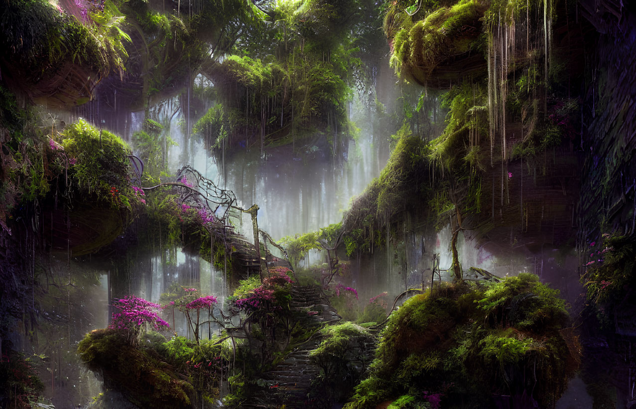 Lush Greenery and Sunlight in Mystical Forest