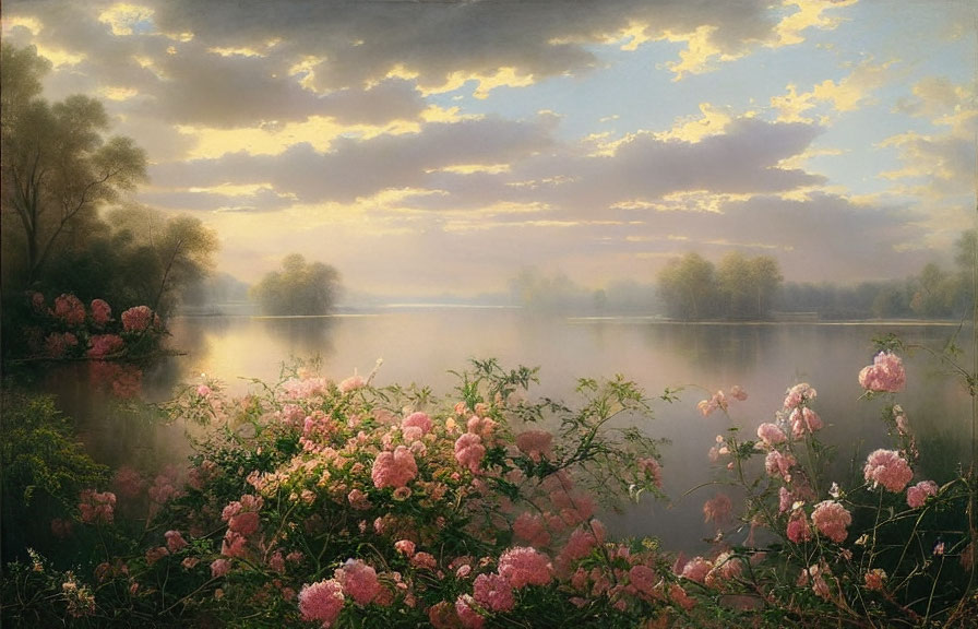 Tranquil mist-covered lake at dawn with pink flowers and serene trees