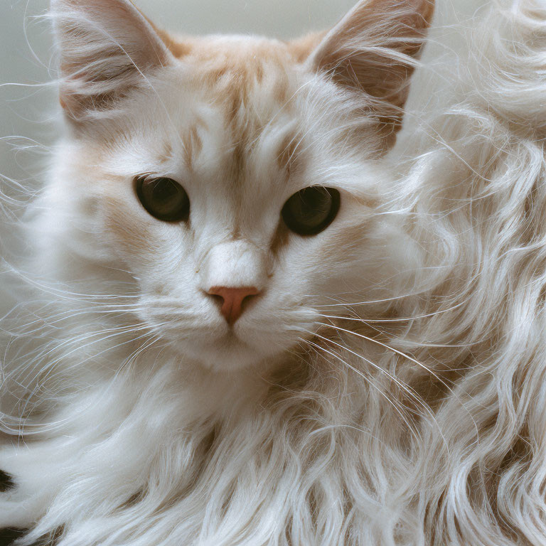 Fluffy white cat with long fur and green eyes portrait.