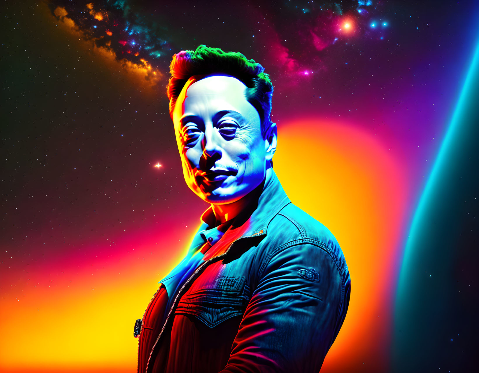 Vibrant neon digital art: Man's portrait in cosmic backdrop.