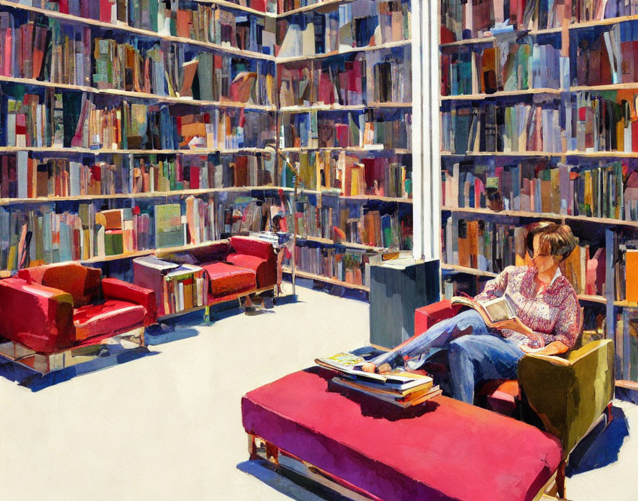 Person reading in sunlit library surrounded by colorful books