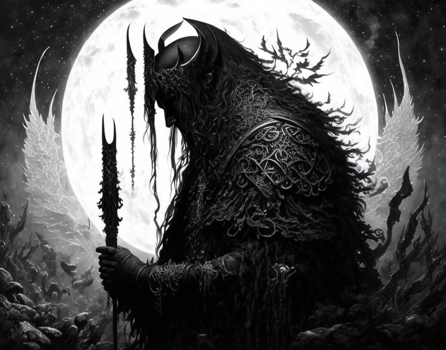 Monochromatic fantasy art: Armored warrior with spear under full moon