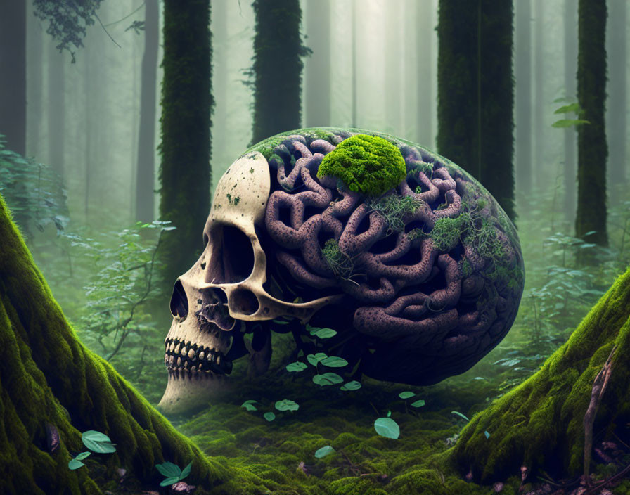 Skull with exposed brain surrounded by lush greenery in misty forest