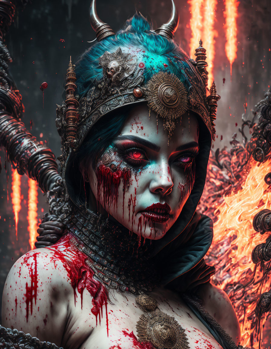 Blue-haired female character with horned headgear in fiery chains and dark tones