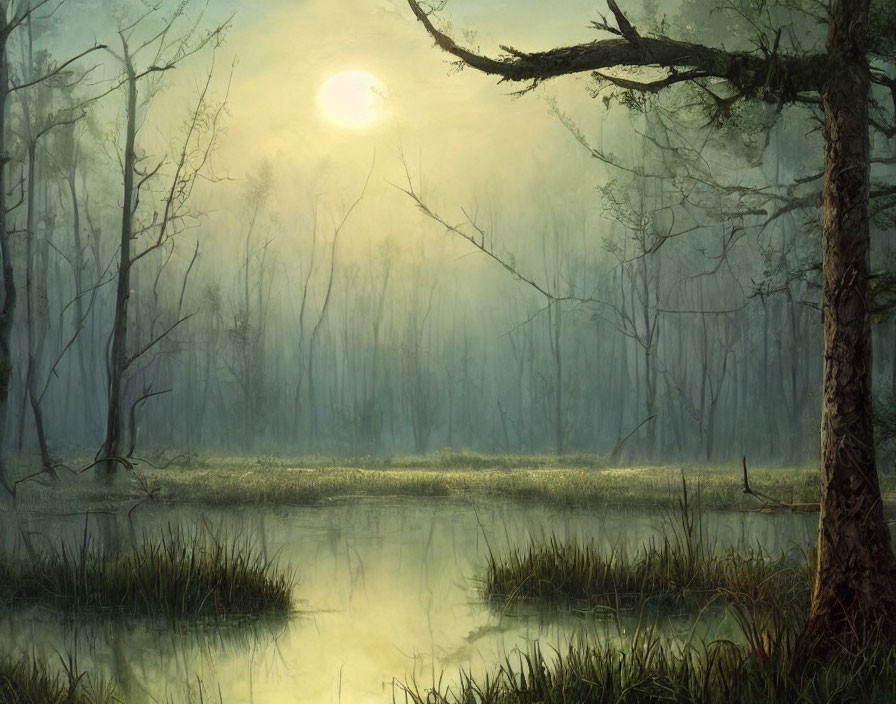 Tranquil swamp scene with hazy atmosphere and lush vegetation