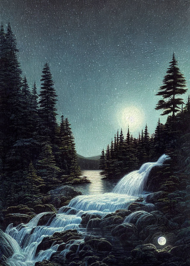 Starry night sky over forest with waterfall into lake