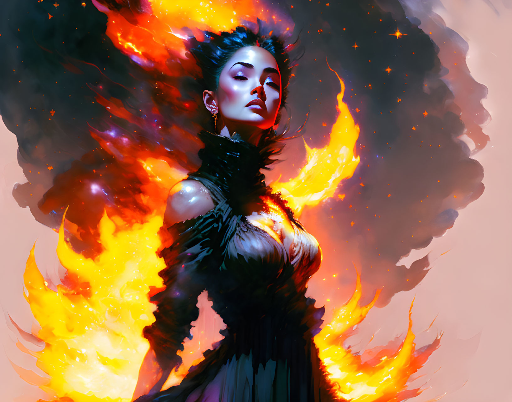 Illustration: Woman with Flaming Hair and Embers, Fiery Elegance and Power