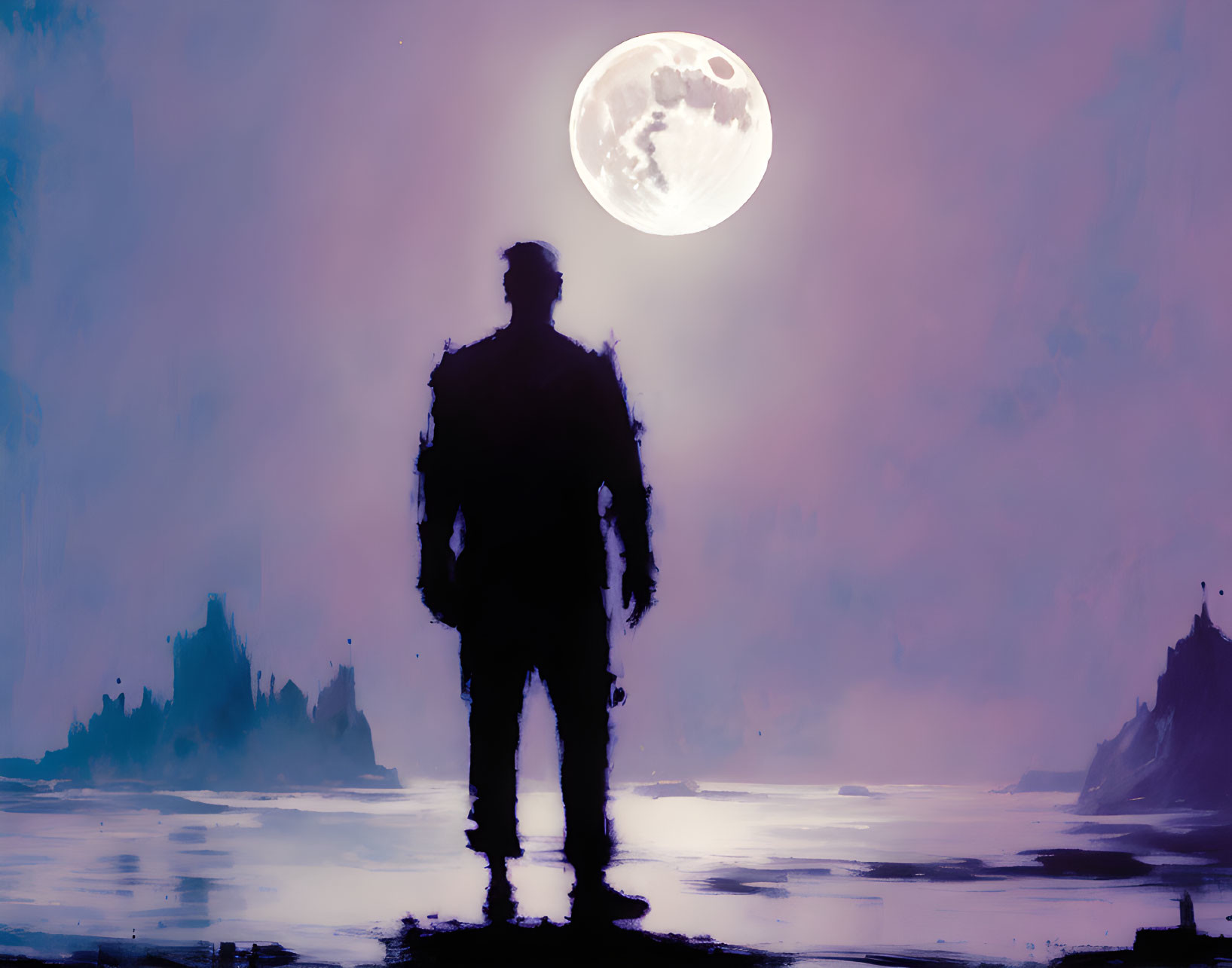 Person's silhouette against large moon in misty dreamlike landscape