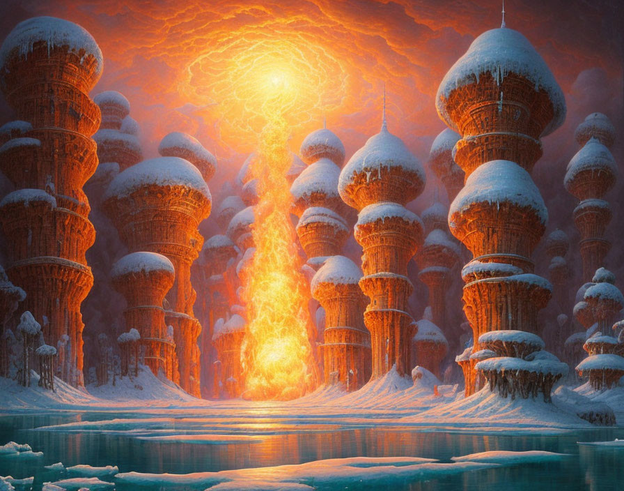 Snowy landscape with dome-shaped structures under fiery orange sky