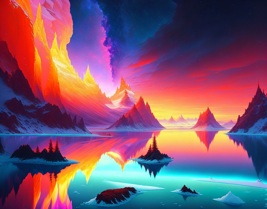 Surreal landscape with neon mountains and starry sky