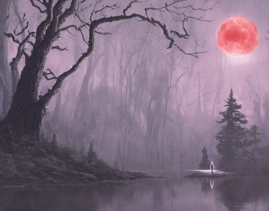 Person by misty lake under pink moon with tree silhouettes in haunting landscape