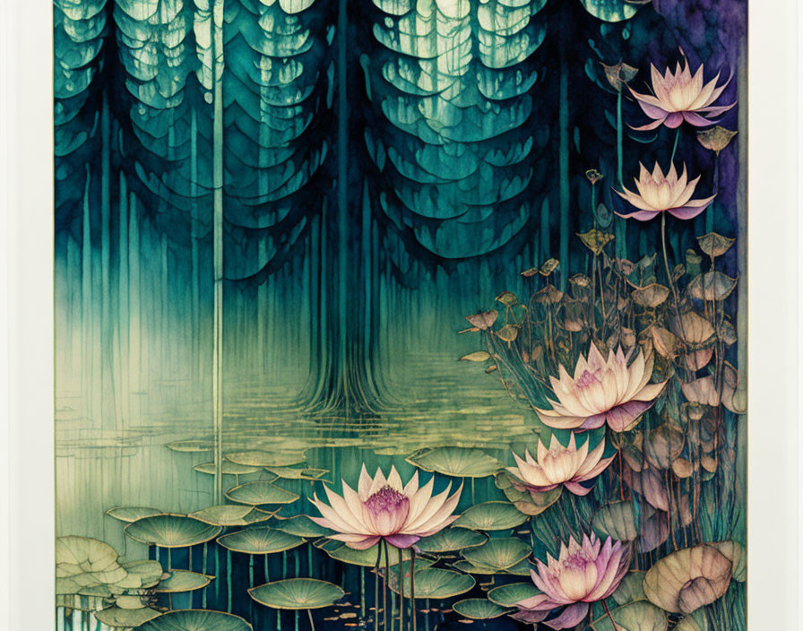 Tranquil Pond with Lotus Flowers and Silhouetted Forest Illustration