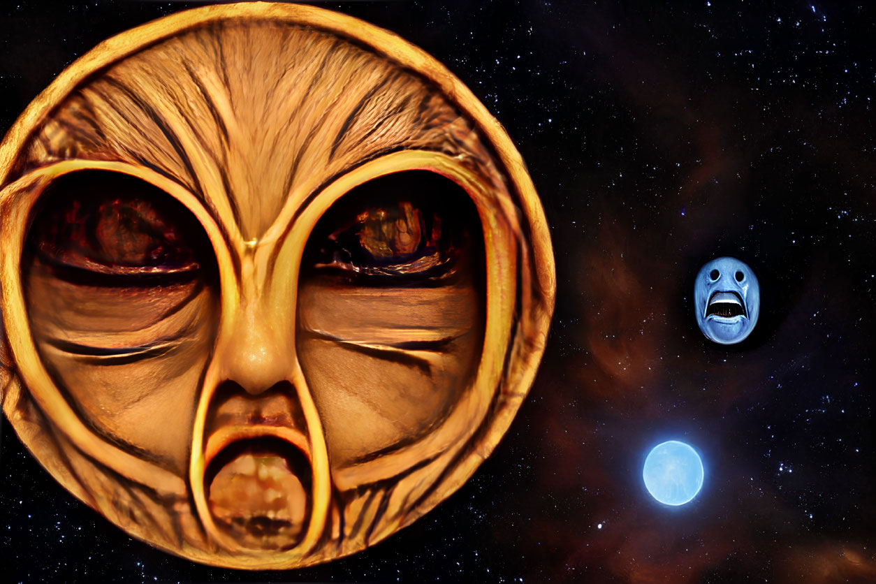 Surreal space scene with large mask-like face and smaller emotive face with planet