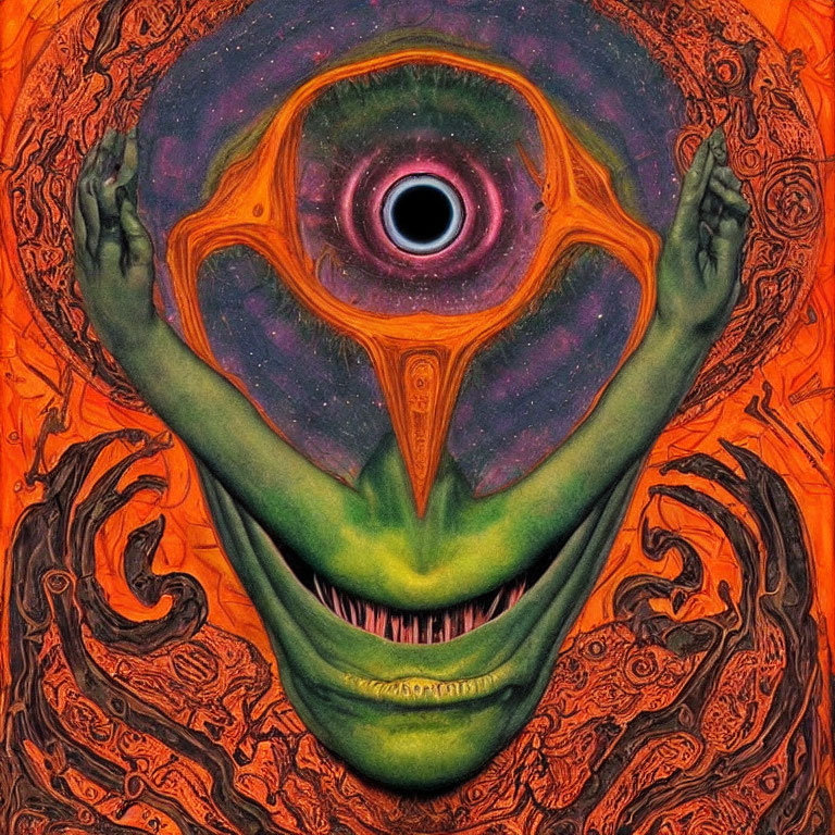 Colorful surreal illustration: green face with oversized smile and eye framed by hands on orange background