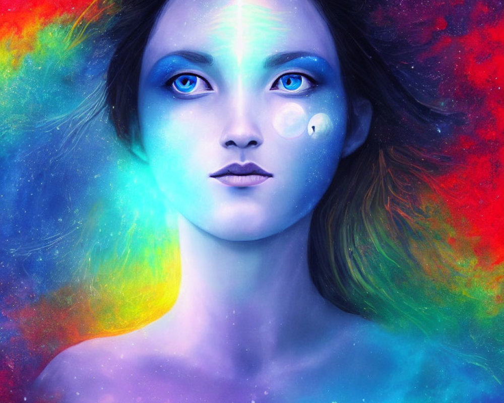 Cosmic-themed digital art portrait of a woman with vibrant blue eyes and galaxy makeup
