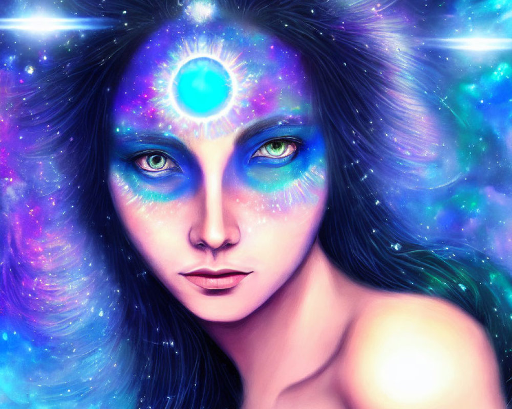 Mystical woman with galaxy-themed skin and third eye in cosmic setting
