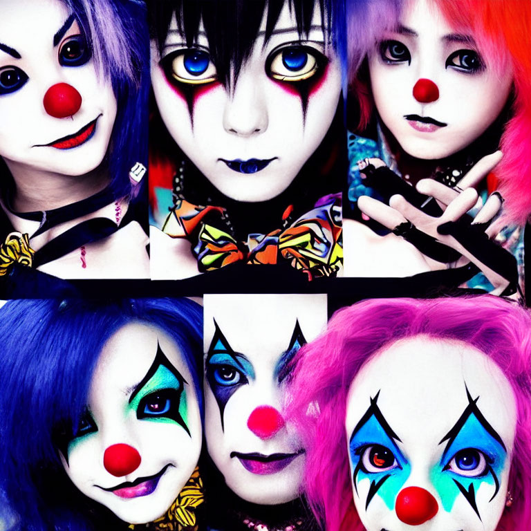 Six individuals in vibrant clown makeup and wigs with red noses, showcasing diverse expressions.