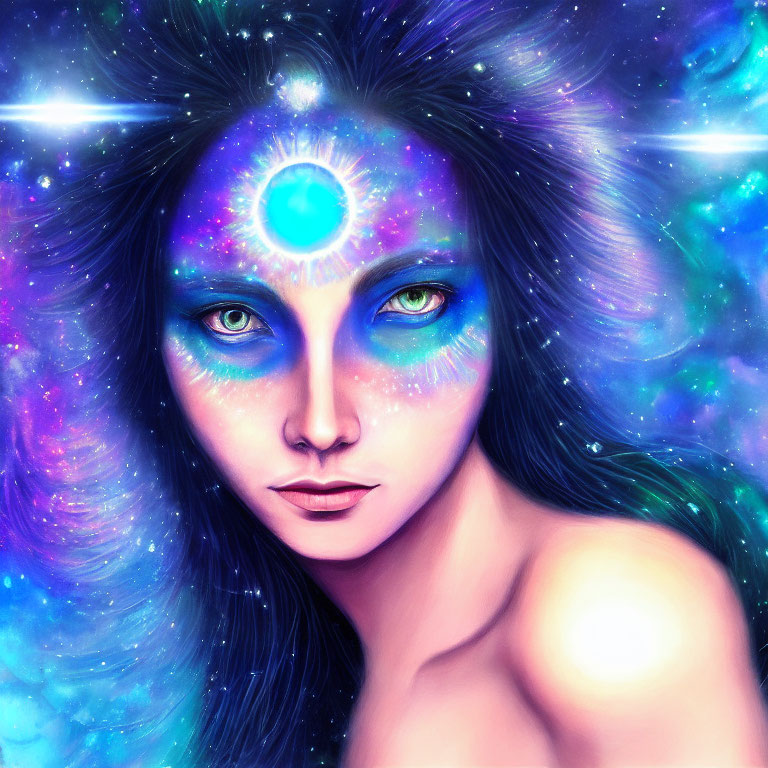 Mystical woman with galaxy-themed skin and third eye in cosmic setting