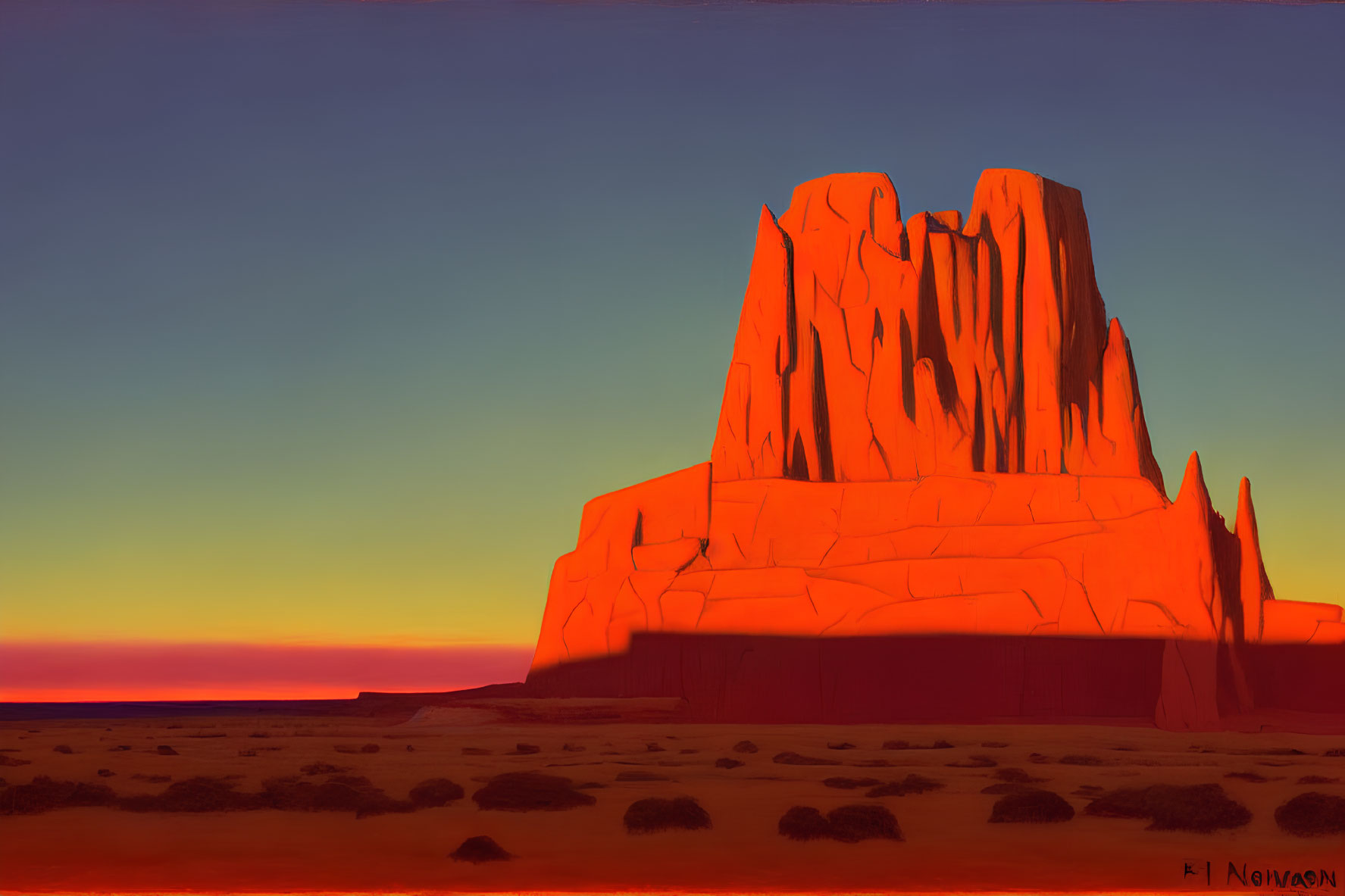 Colorful painting of monolithic rock formation under orange and blue sky with desert shrubs.