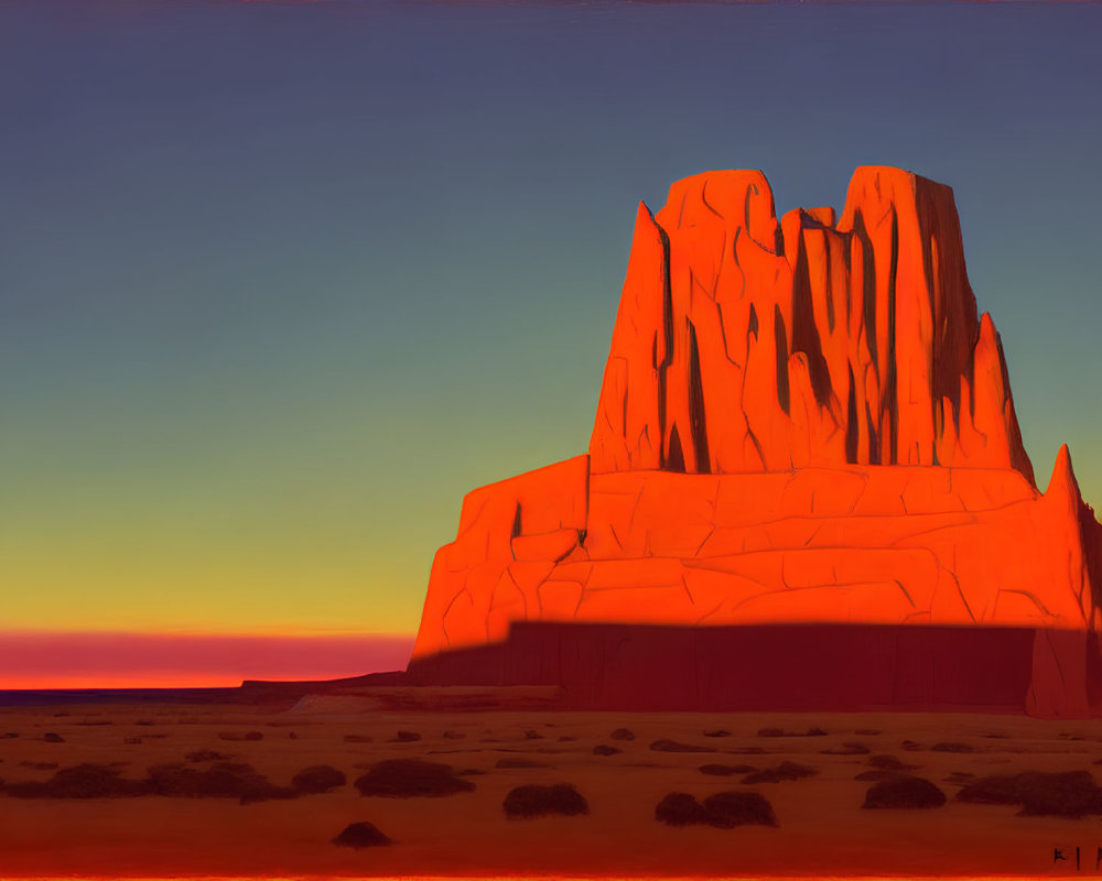 Colorful painting of monolithic rock formation under orange and blue sky with desert shrubs.