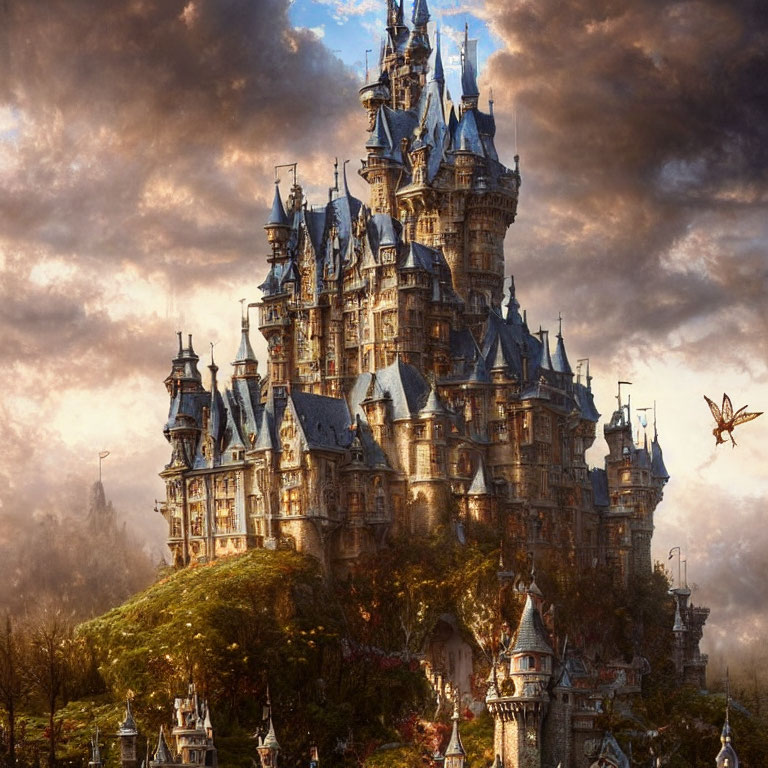 Majestic castle on lush hill at sunset with mystical butterfly