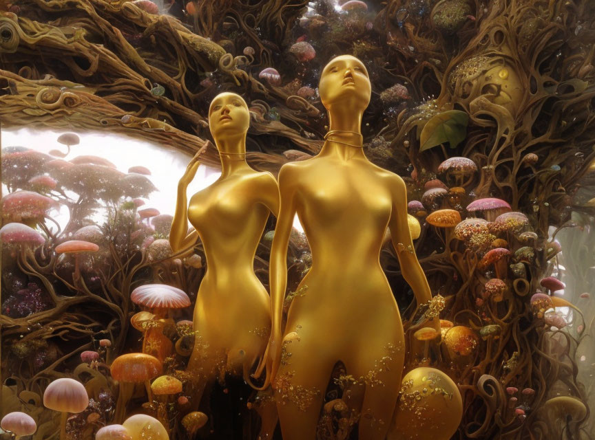 Golden mannequin figures in fantastical woodland with jellyfish-like creatures.