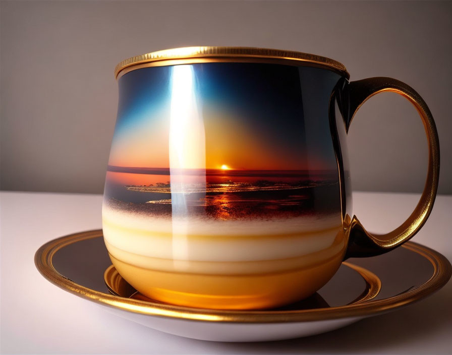 Beach Sunset Print Cup Mimics Ocean, Sky, and Sun in Latte Layers