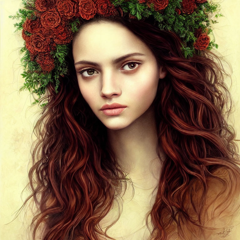 Portrait of woman with long wavy hair in red rose wreath