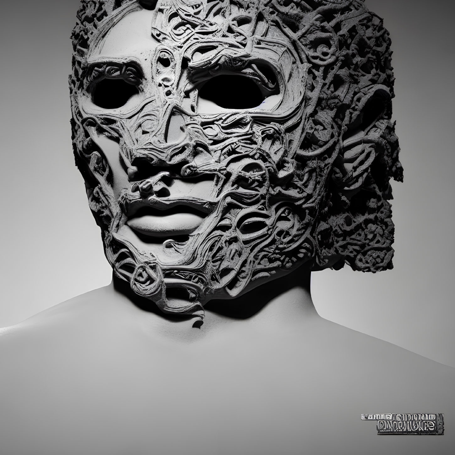 Intricate Abstract Mask with Face-Like Patterns on Gray Background