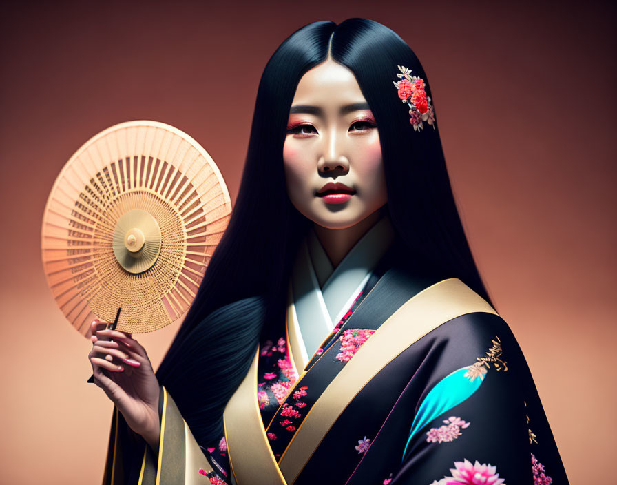 Woman in Floral Kimono with Paper Fan on Warm Background