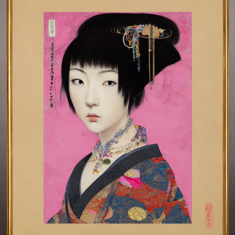 Japanese traditional artwork of woman with black bob haircut and kimono on pink background.