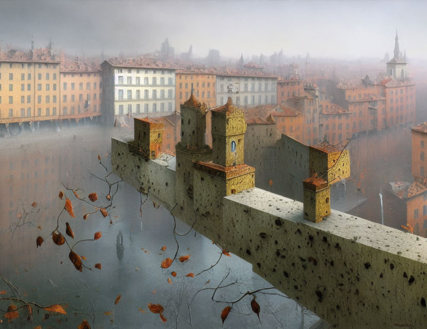 Concrete bridge with medieval towers in misty autumn cityscape.