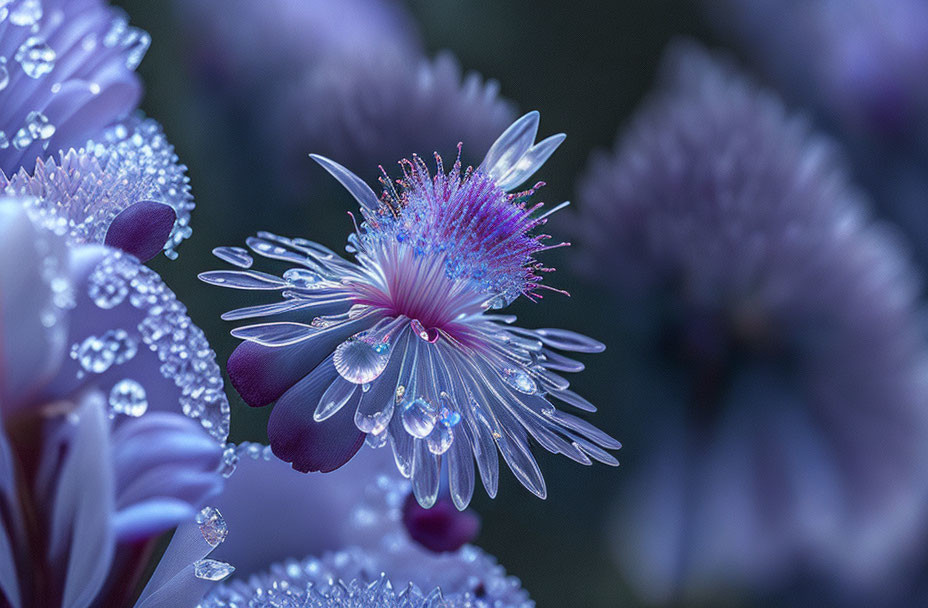 Dew-covered flowers with prominent bloom in focus