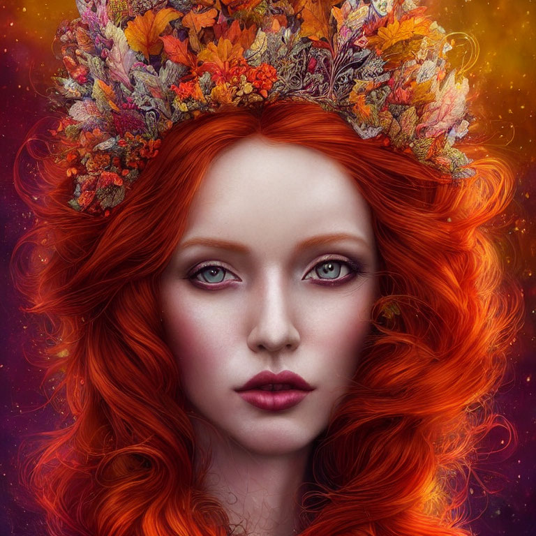 Woman with Vibrant Red Hair and Autumn Flower Crown in Warm Setting