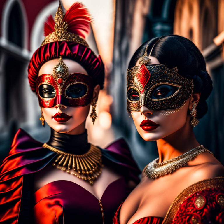 Colorful Venetian Carnival Costumes with Ornate Masks