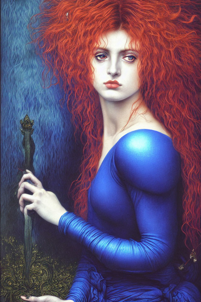 Vibrant red-haired woman in blue dress with sword in mysterious setting