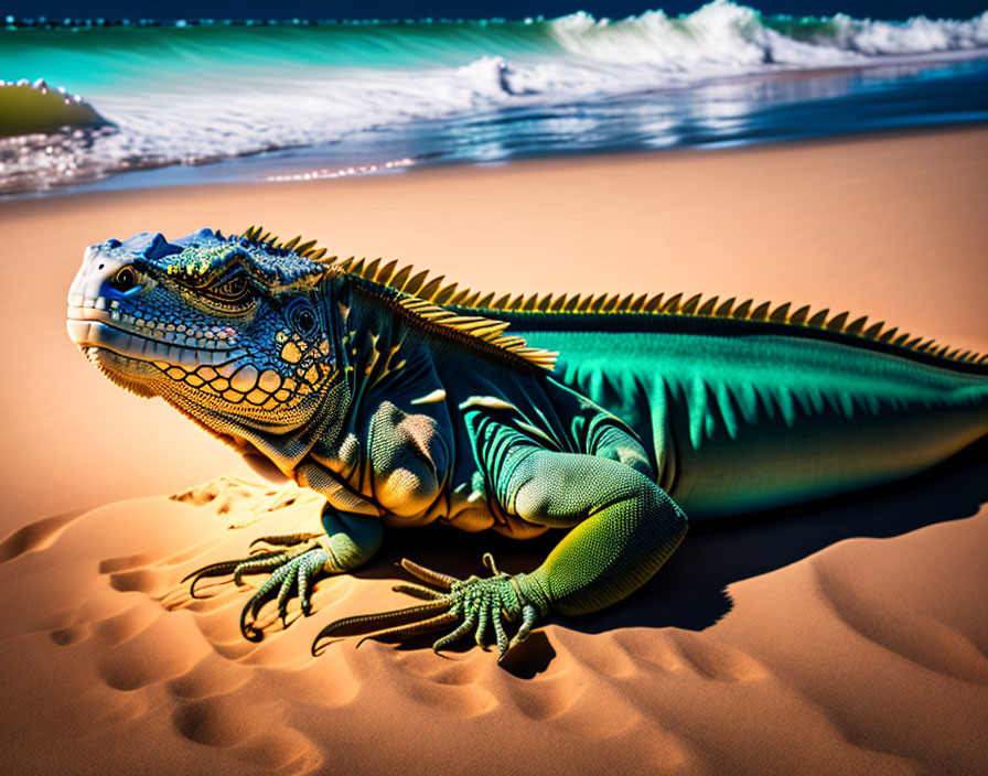 Colorful Iguana on Sandy Beach with Ocean Waves