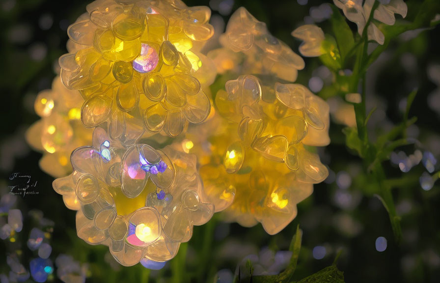 Decorative LED flower light with glowing yellow petals and blurred greenery.