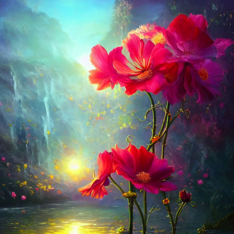 Red Flowers with Misty Waterfall and Sunlight Reflection