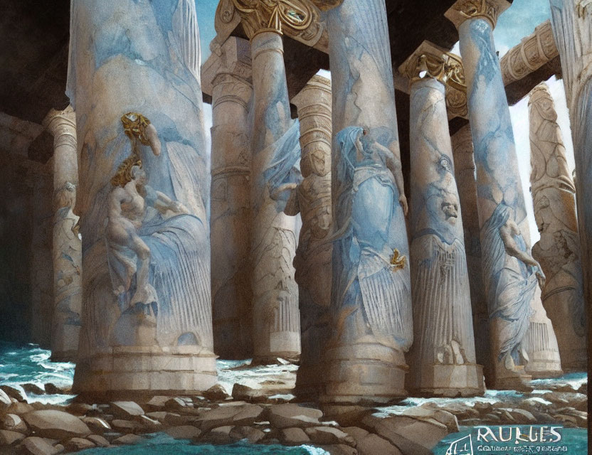 Ancient Submerged Temple Illustration with Ornate Columns and Statues