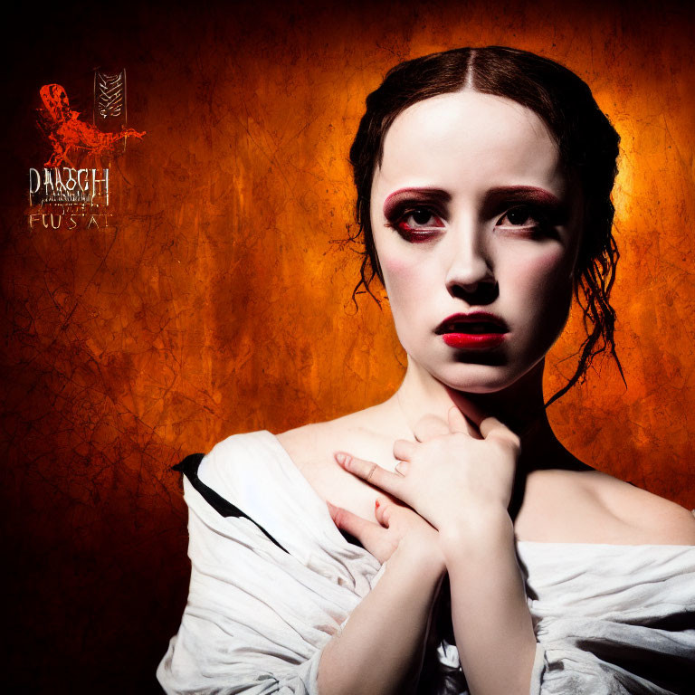 Woman with dramatic makeup and somber expression in white off-shoulder top against orange backdrop