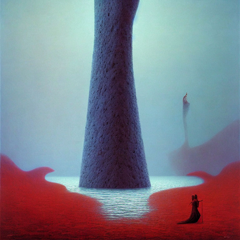 Surreal artwork: massive tree trunk in red water with human figures