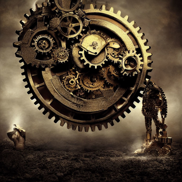 Steampunk scene with interlocking gears, human figure, and mechanical suit